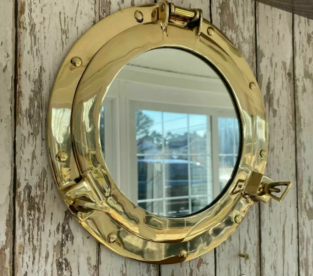 12" Brass Porthole Mirror ~ Nautical Maritime Wall Decor ~ Ship Cabin Window