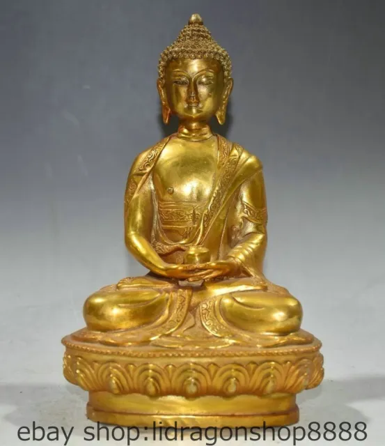 8.2 "bronze tibétain plaqué or assis statue de lotus Shakyamuni Bouddha