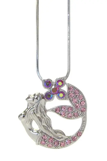 Pink Mermaid Austrian Crystal Pendant Women Necklace White Gold Plated
