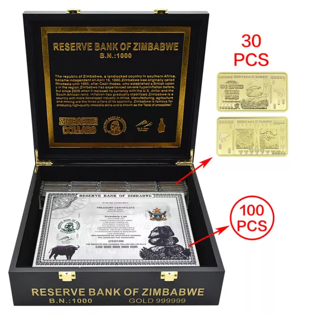 100pcs/box and 30 Gold Bars 100 Trillion Dollar Silver Zimbabwe Certificate