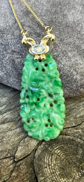 Carved Jadeite Jade Pendant With 14k YG Attached Chain