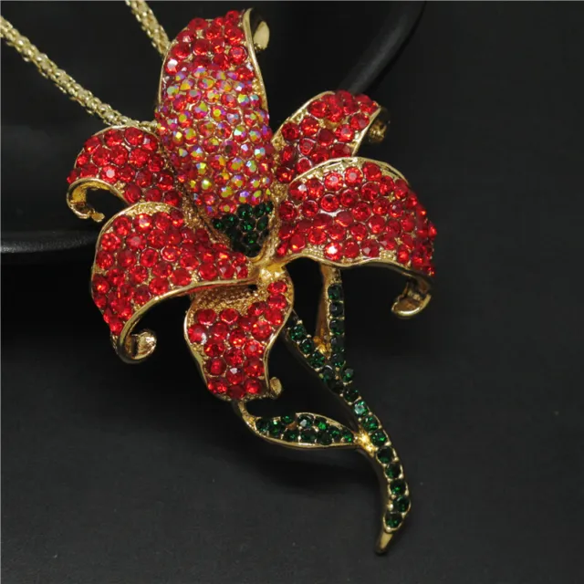 New Fashion Women Red Bling Flower Rhinestone Crystal Pendant Chain Necklace