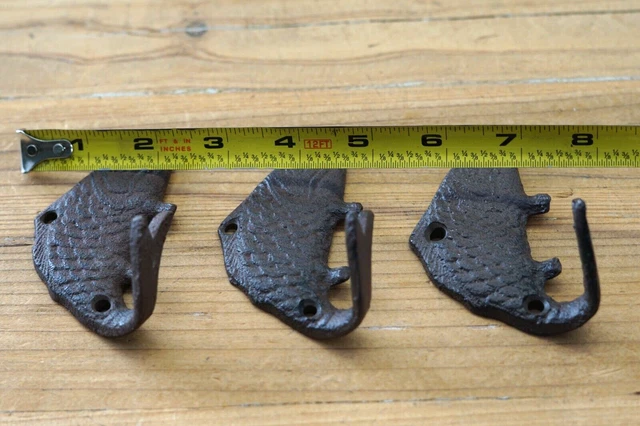 3 Fish Wall Hook Coat Hat Towel Beach Koi Hooks 4 3/4" Rustic Cast Iron Bath 6