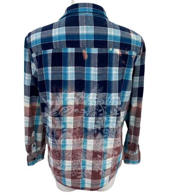 Retrofit Womens Plaid Button Up Size Large Upcycled Bleach Ombre Stencil Collar