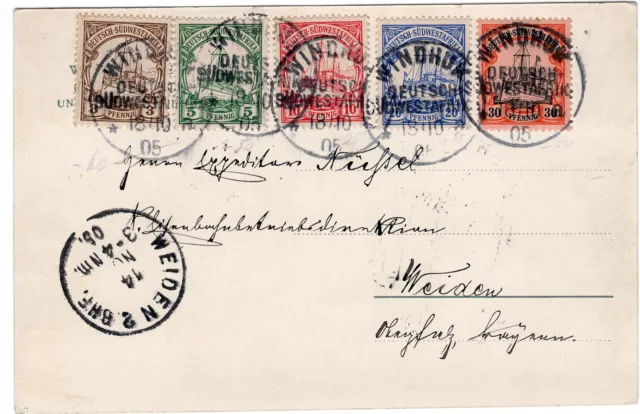 Deutsche Kolonien DSWA Mi.Nr. 11 - 14 & 16 MiF auf PK Windhuk nach Weiden 1905
