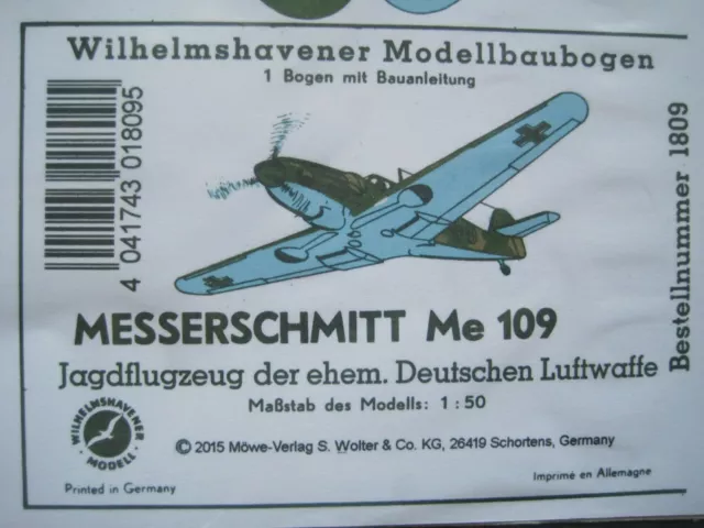 Messerschmitt Me 109 1:50 Wilhelmshavener Modellbaubogen Kartonmodel Bastelbogen
