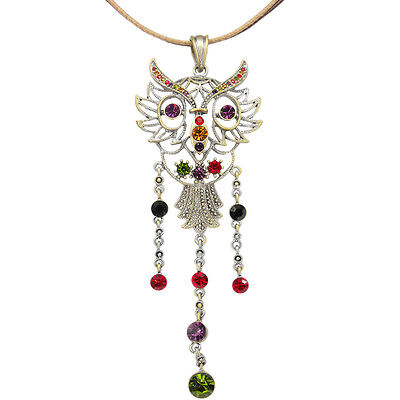 Owl Night Bird Pendant Retro Charm Necklace Jewelry Austrian Crystal Multi-color