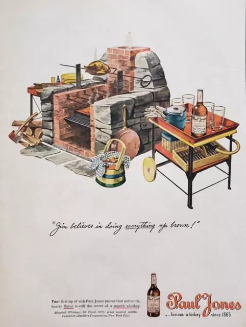 1945 Paul Jones Whiskey Outdoor Barbecue Chicken Roasting Cart WWII Print Ad