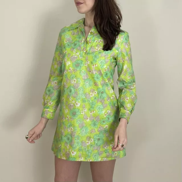 Vintage 60s Green Floral Mini Dress Mod 70s S 8 10 Dagger Collar