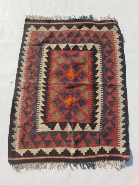 Fine Vintage Traditional Hand Made Oriental Wool Brown Kilim 3.3x2.6ft