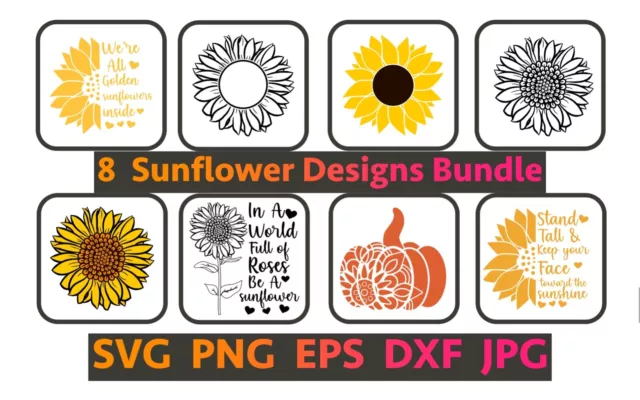 8 Sunflower SVG Bundle, Sunflower SVG, Flower Svg, Monogram Svg, Half Sunflower