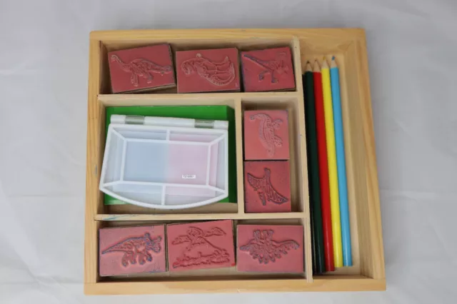 Melissa & Doug Wooden Dinosaur Stamp Set USED with DRY Stamp Pad Blue and Red 3