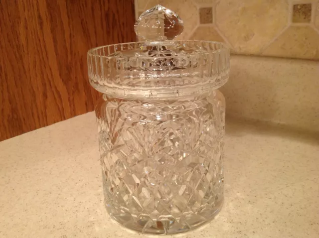 Crystal Biscuit Jar Gorgeous W/ Lid Diamond Pattern W/ Star & Pineapple Top NICE