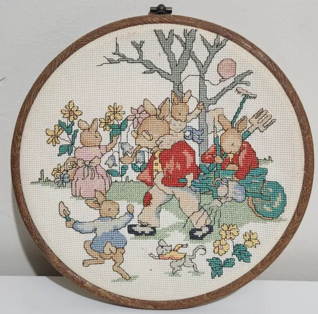 Bunnykins Cross Stitch Completed on Wooden Hoop Royal Doulton Counted Vintage