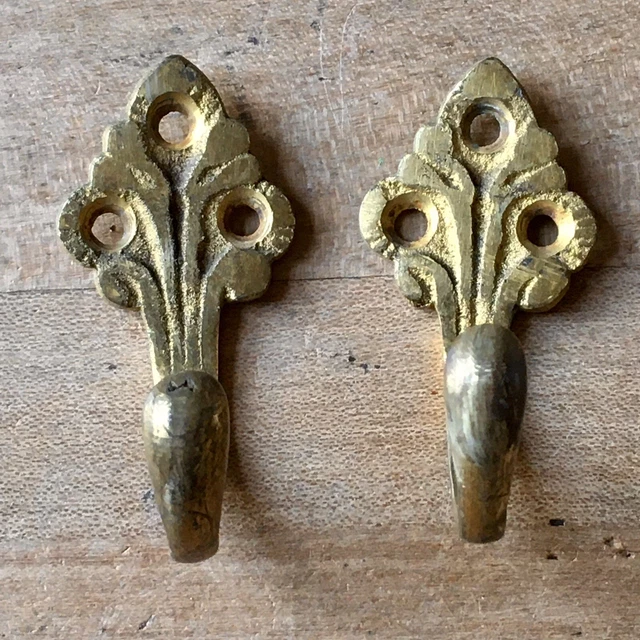 Pair Antique Brass Coat Hook Victorian Gilt Original Reclaimed Vintage c.1880’s 2