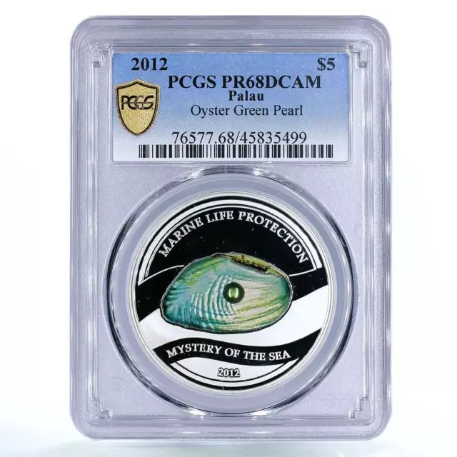 Palau 5 dollars Sea Treasures Green Freshwater Pearl PR68 PCGS silver coin 2012