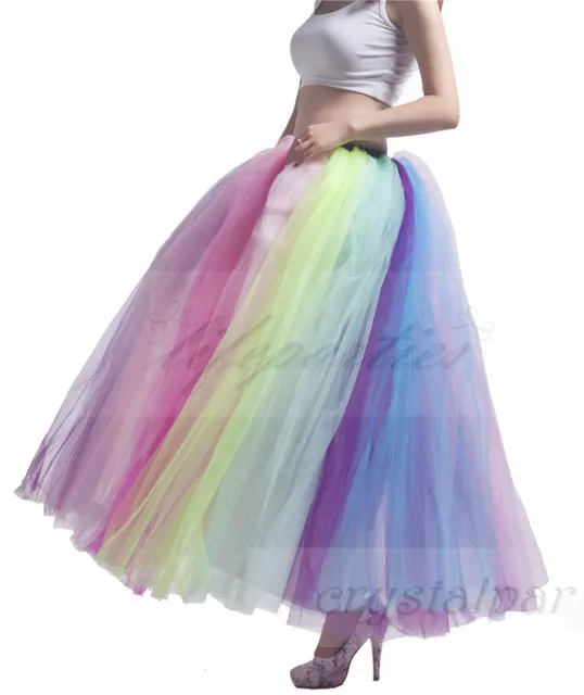 RULTA Women Rainbow Long Petticoat Retro Underskirt Net Tutu Colorful Skirt &1