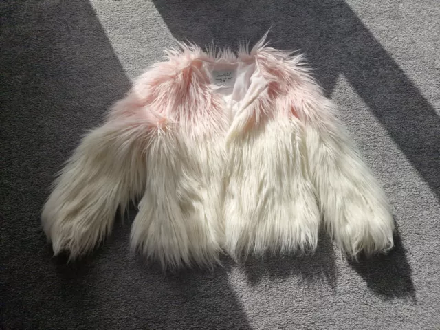 Girls Long Pile Fluffy Faux Fur Jacket Age 10 Years White And Pink