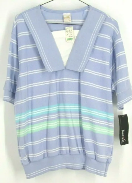 VTG JANTZEN BLUE/ Multi color striped Large Collar Polo Shirt Sz M NWT ...