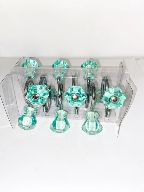 NIB Zenith Shower Hooks 12 Chrome Stainless Green Knobs 2004 Shabby Chic Style