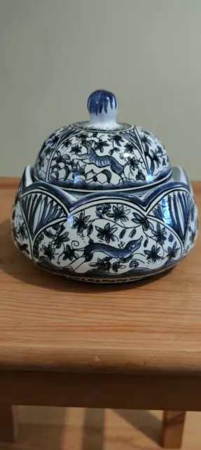 Antique Portuguese Hand Painted Blue And White Ceramic Bowl With Lid