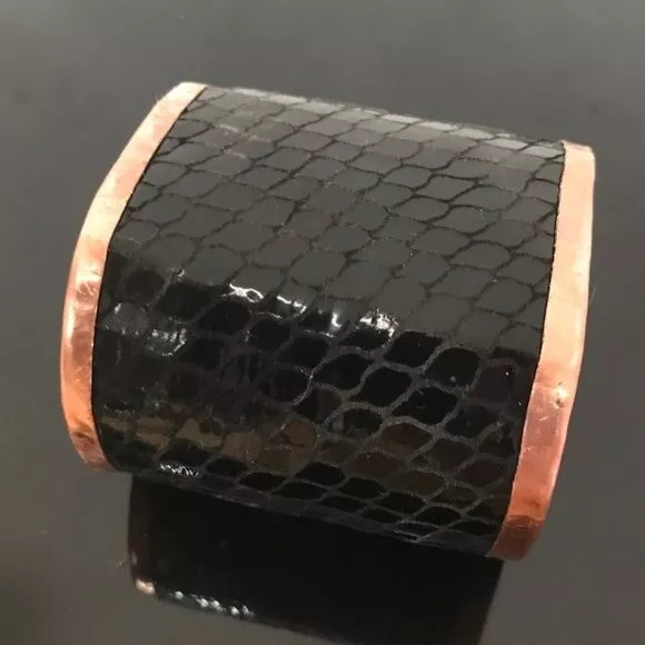 Genuine Leather Mermaid Scales Black Pure Copper Cuff Bracelet Handmade Custom