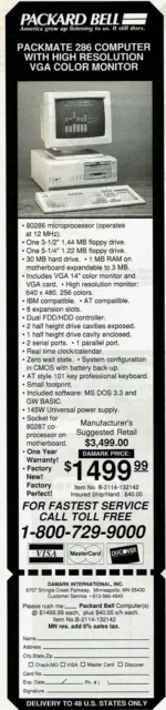 1990 Vintage Print Ad Packard Bell Packmate 286 Computer With VGA Color Monitor