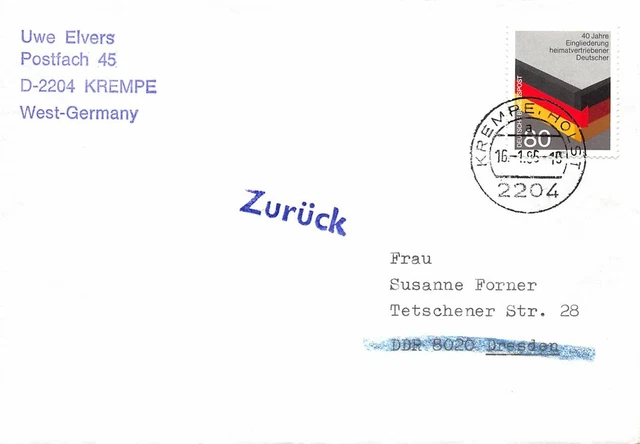 683460) Bund Postkriegbeleg mit Nr.1285 40 Jahre Eingliedrung Heimatvertriebene