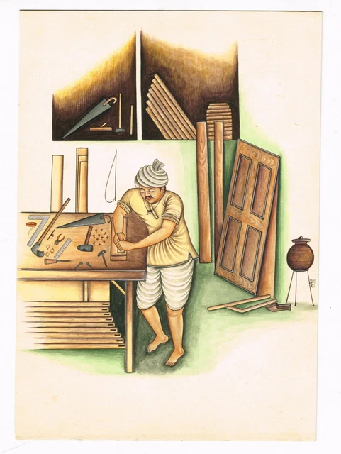 Main Peint Indien Miniature Ancien Art & Peinture De Charpentier Gouache - Œuvre