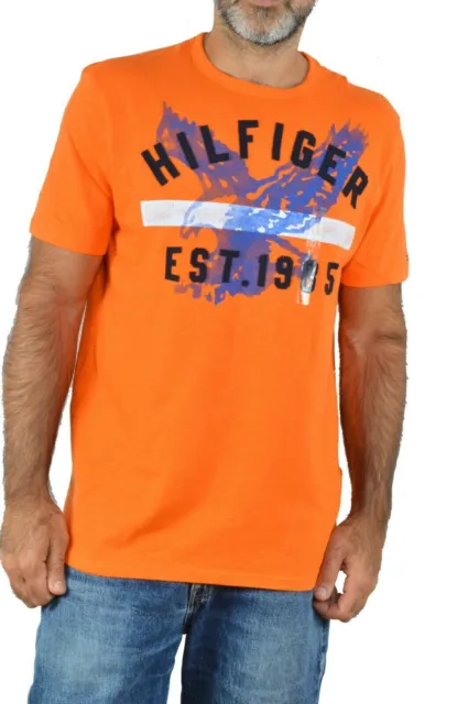 BNWT TOMMY HILFIGER Bright Orange Blue Eagle Logo T SHIRT Stretch Tee Loose fit