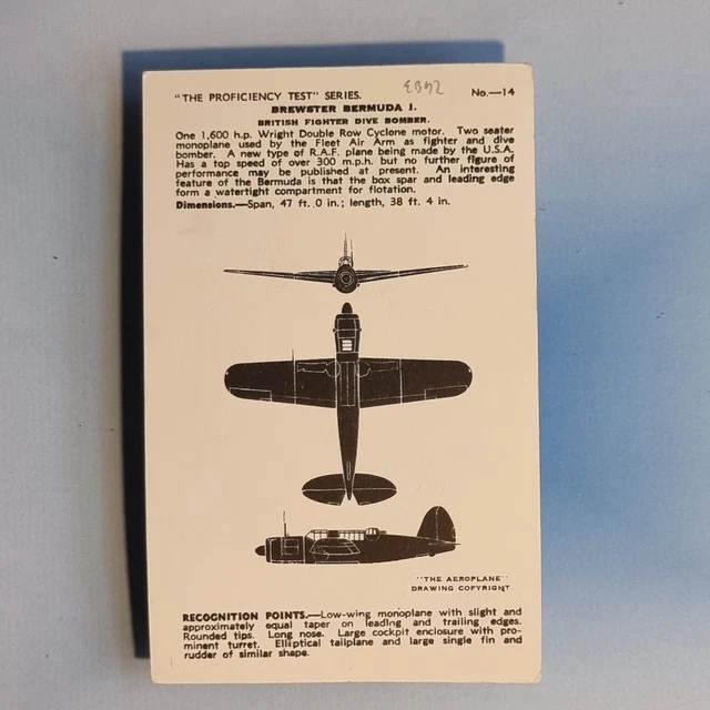 WW2 AIRCRAFT RECOGNITION Postcard C1940 Brewster Bermuda I Dive Bomber