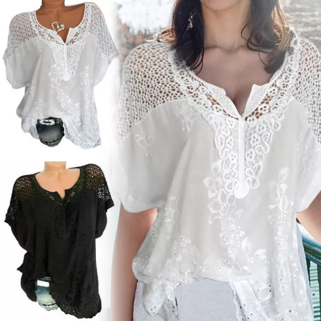 Womens Hollow Baggy Casual T-Shirt Tops Blouse Batwing Short  Sleeve Lace Ladies