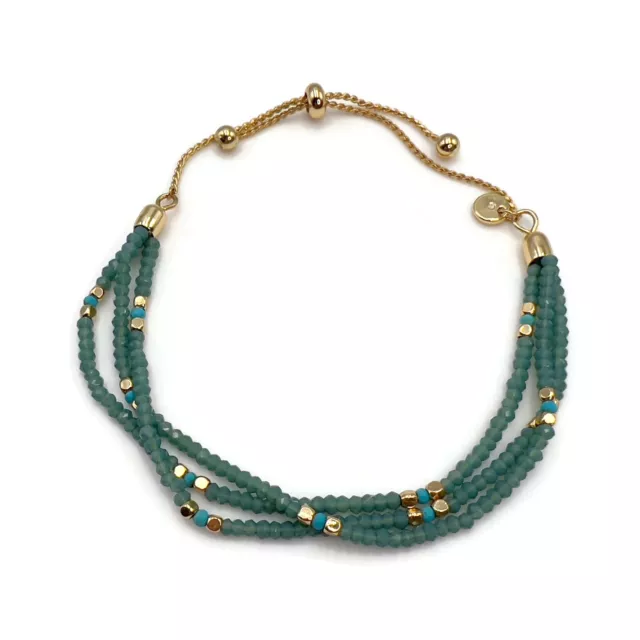 Gold Tone Blue Green Faceted Glass Beaded 3 Strand Adjustable Slide Bracelet
