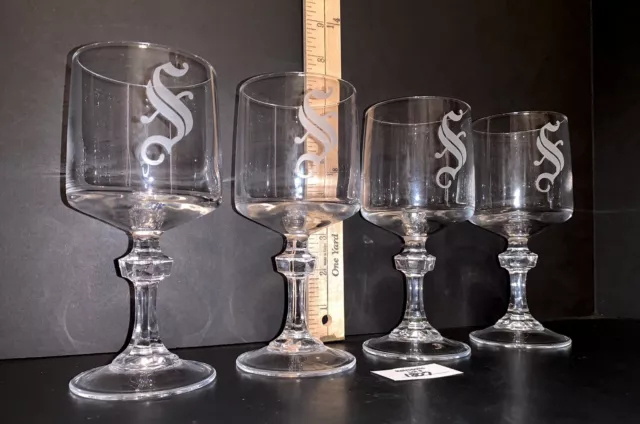 4 Clear Glass Wine Water Tea Goblets Stemware Etched S Monogram Old English