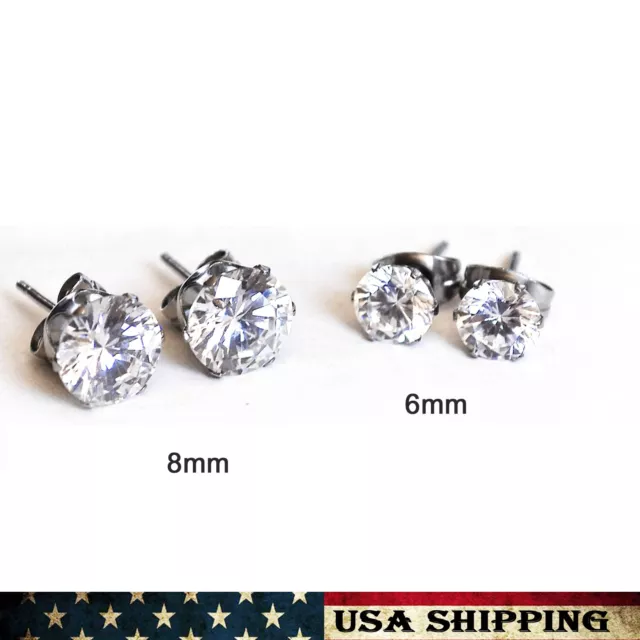 Stainless Steel Round CZ Stud Earrings 6-8mm Cubic Zirconia for Men / Women