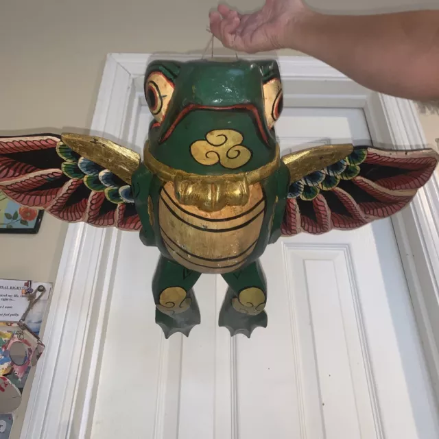 19” Flying Frog Mobile carved wood Bali Folk Art Spirit Chaser Unique Mobile Fun