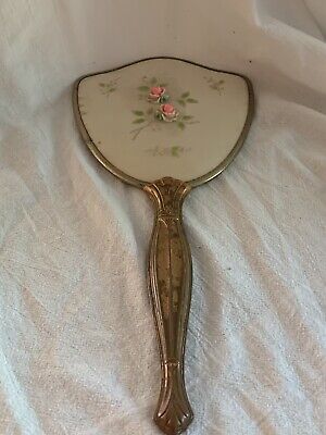 Gold Plated Painted Back Vintage Vanity Hand Mirror with Applied Porcelain Roses