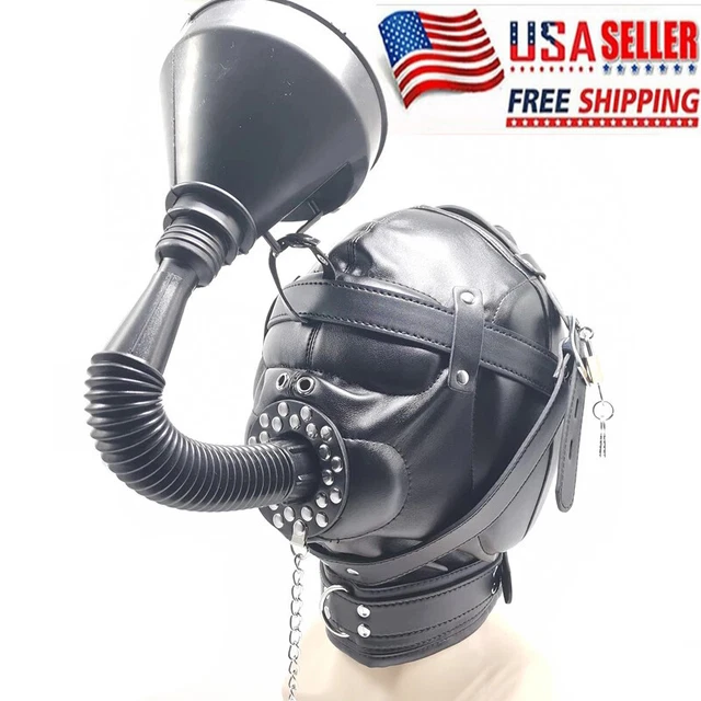 BINDING HEAD HOOD with Funnel Mouth Gags Sensory Deprivation Headgear