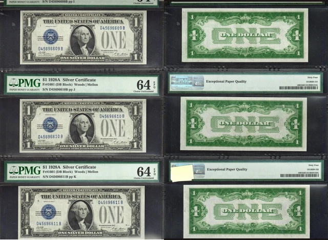 CONSEC TRIO: $1 1928-A Silver Cert, Fr. 1601  Blue Seal ALL PMG Ch Unc 64EPQ