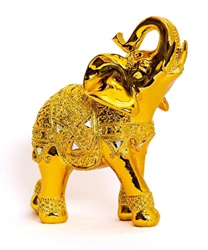 Dalax- 8” (H) Gold Color Elegant Elephant Statue with Trunk Facing Upwards