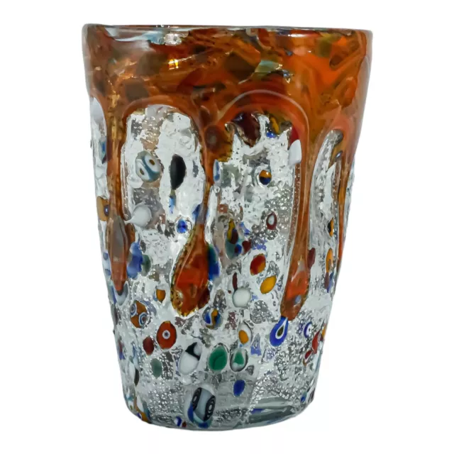 Cristal de Murano Bebible Art Vaso Plateado Naranja Múltiple Hecho Millefiori