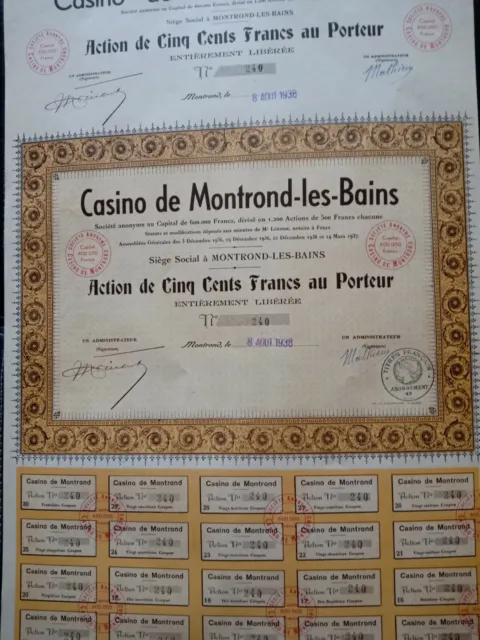 Dept 42 - Ancienne action 500F CASINO MONTROND LES BAINS. 1938. 1200 ex. 2