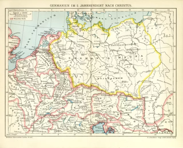 Germanien 2. JH Germania Magna historische Landkarte Karte Lithographie ca. 1892