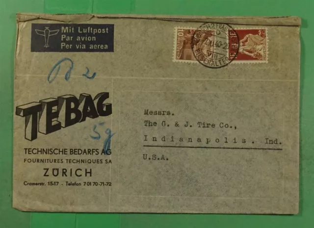 DR WHO 1940 SWITZERLAND ADVERTISING TEBAG ZURICH AIRMAIL TO USA j95013