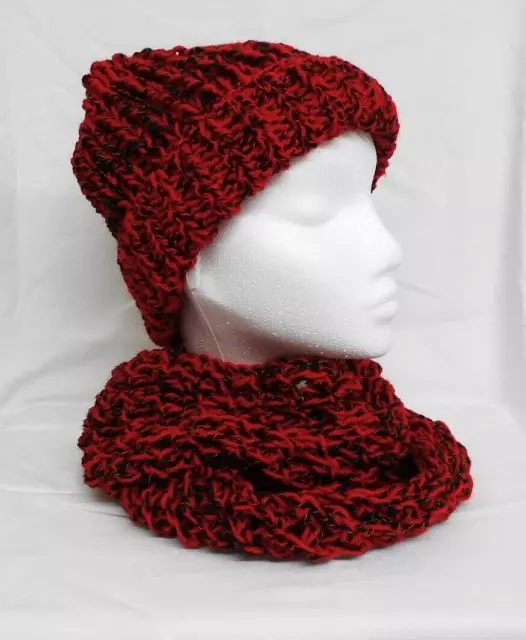 Hand knitted infinity scarf + Hat set, Red/Black, chunky yarn, double wrap.  283