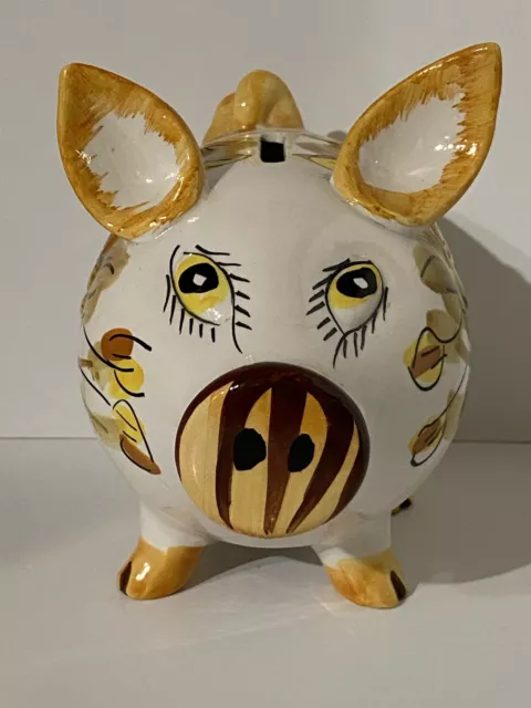 Vintage Deruta Italy Hand Painted Sunflower Pig Bank Coin Piggy Yellow Pottery