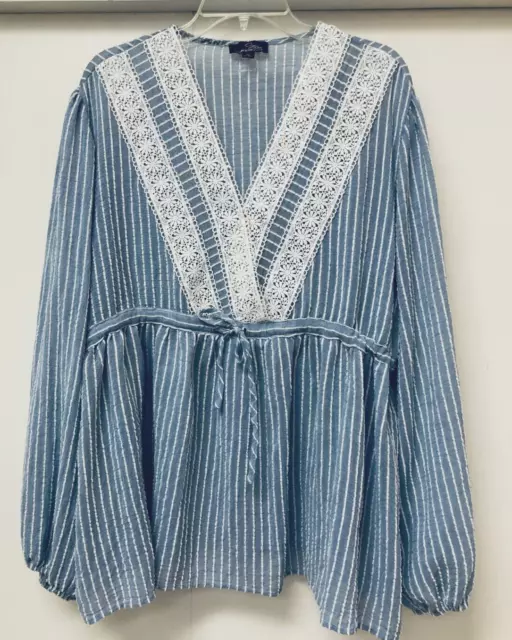 Suzanne Betro Women Popover Tunic Top Blouse SZ 4X  / 3X  Blue Crochet