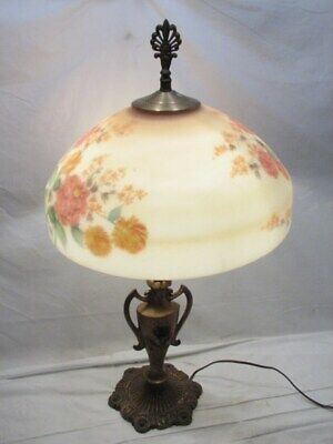 Antique Reverse Painted Glass Lamp Shade Ornate Victorian Cast iron Light