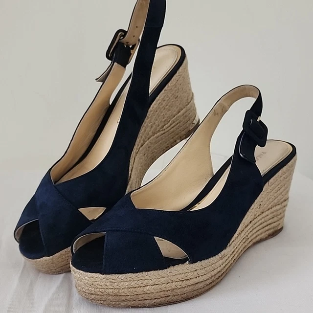 Paloma Barcelo Navy Suede Crossed Sling Back Straw Wedge Peep Toe Us 6.5 EU 37.