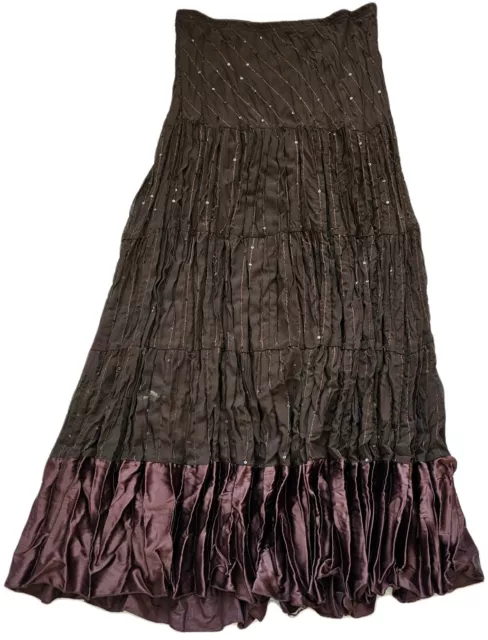 Brown pleated midi skirt for women, sequin embellished, medium, fully lined, 